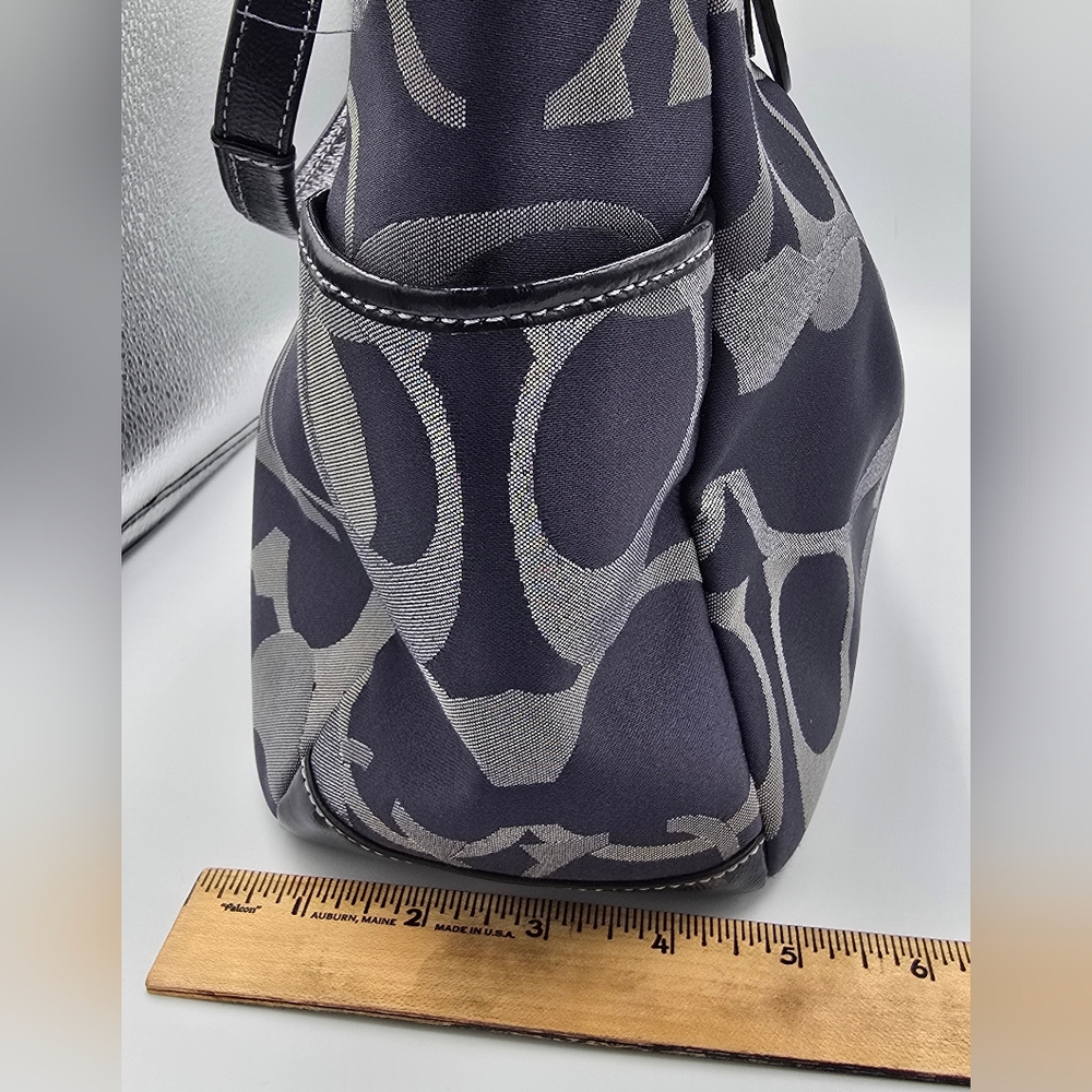 COACH F19664 Gallery Optic Sig Tote Shoulder Bag Navy Blue Jacquard Leather Trim - Picture 8 of 12